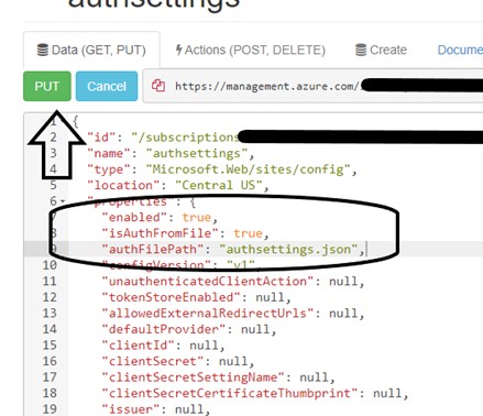 Azure Resource Explorer authsettings with enabled true, isAuthFromFile true, and authFilePath authsettings.json added before clicking PUT