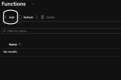 Azure Functions page with the Add button circled and no functions listed yet