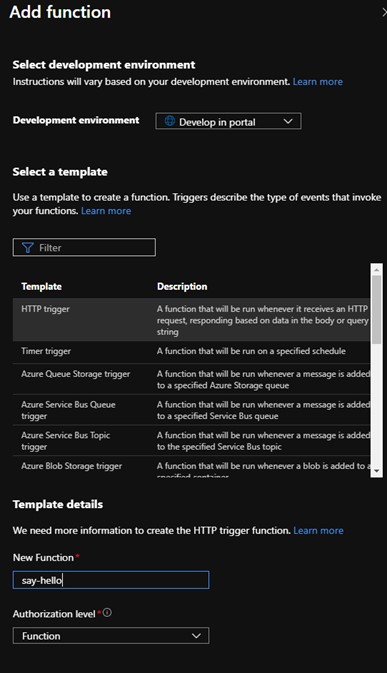 Azure Add function pane with the HTTP trigger template selected and a new function named say-hello