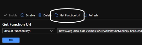Azure function toolbar with Get Function Url circled, showing the say-hello function URL with its function key