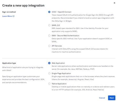 Okta "Create a new app integration" dialog with OIDC - OpenID Connect and Web Application selected