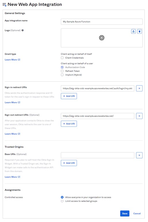 Okta New Web App Integration form for "My Sample Azure Function" with Authorization Code grant and Azure redirect URIs