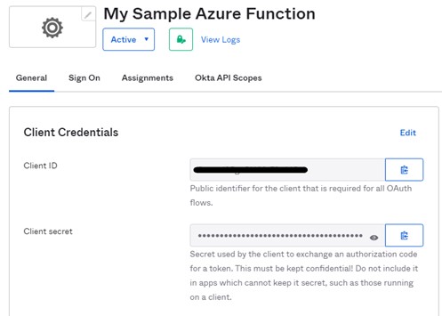 Okta app "My Sample Azure Function" showing its Client ID (redacted) and masked Client secret