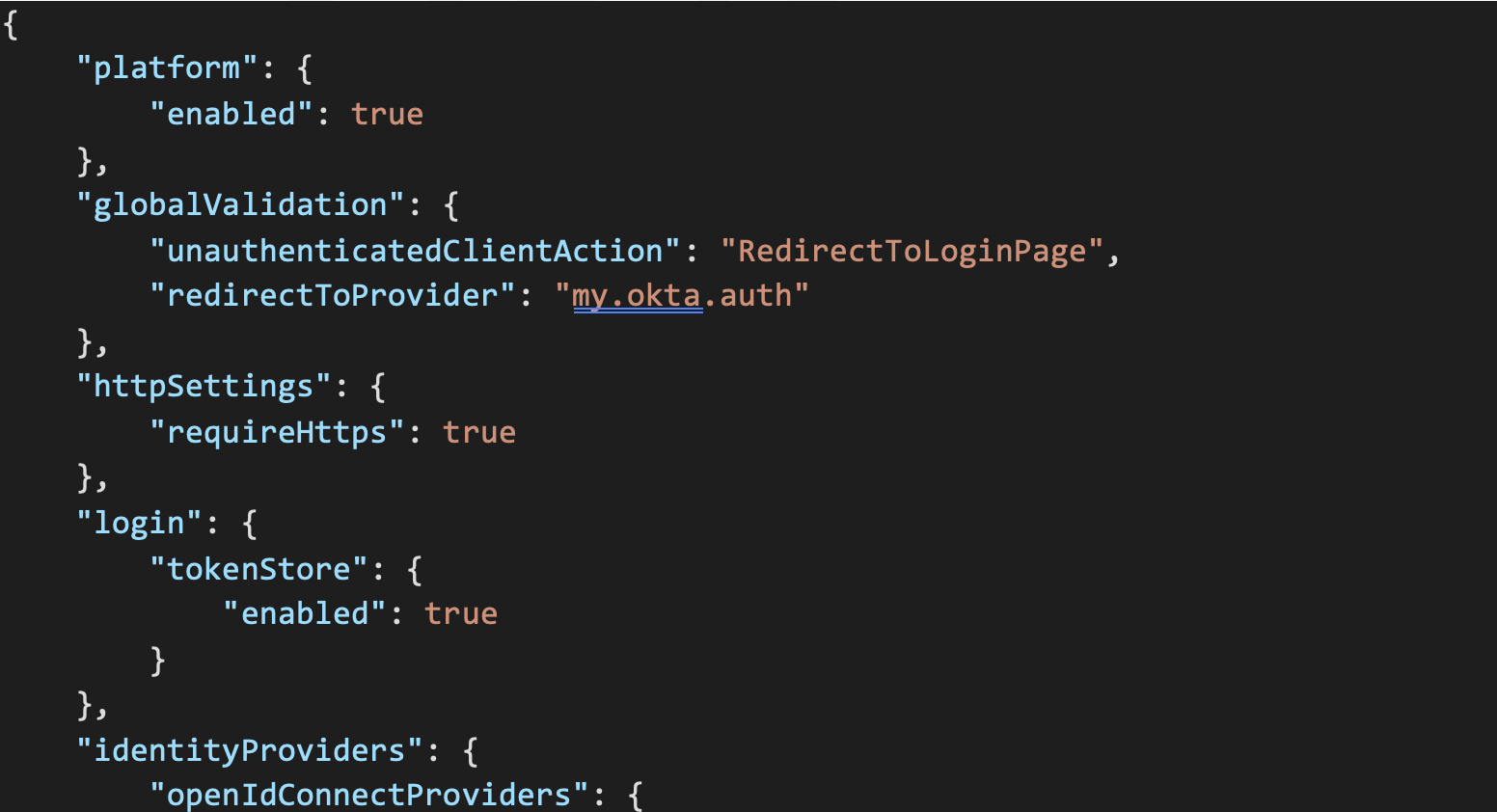 authsettings.json code enabling the platform, redirecting unauthenticated users to the my.okta.auth provider, and requiring HTTPS