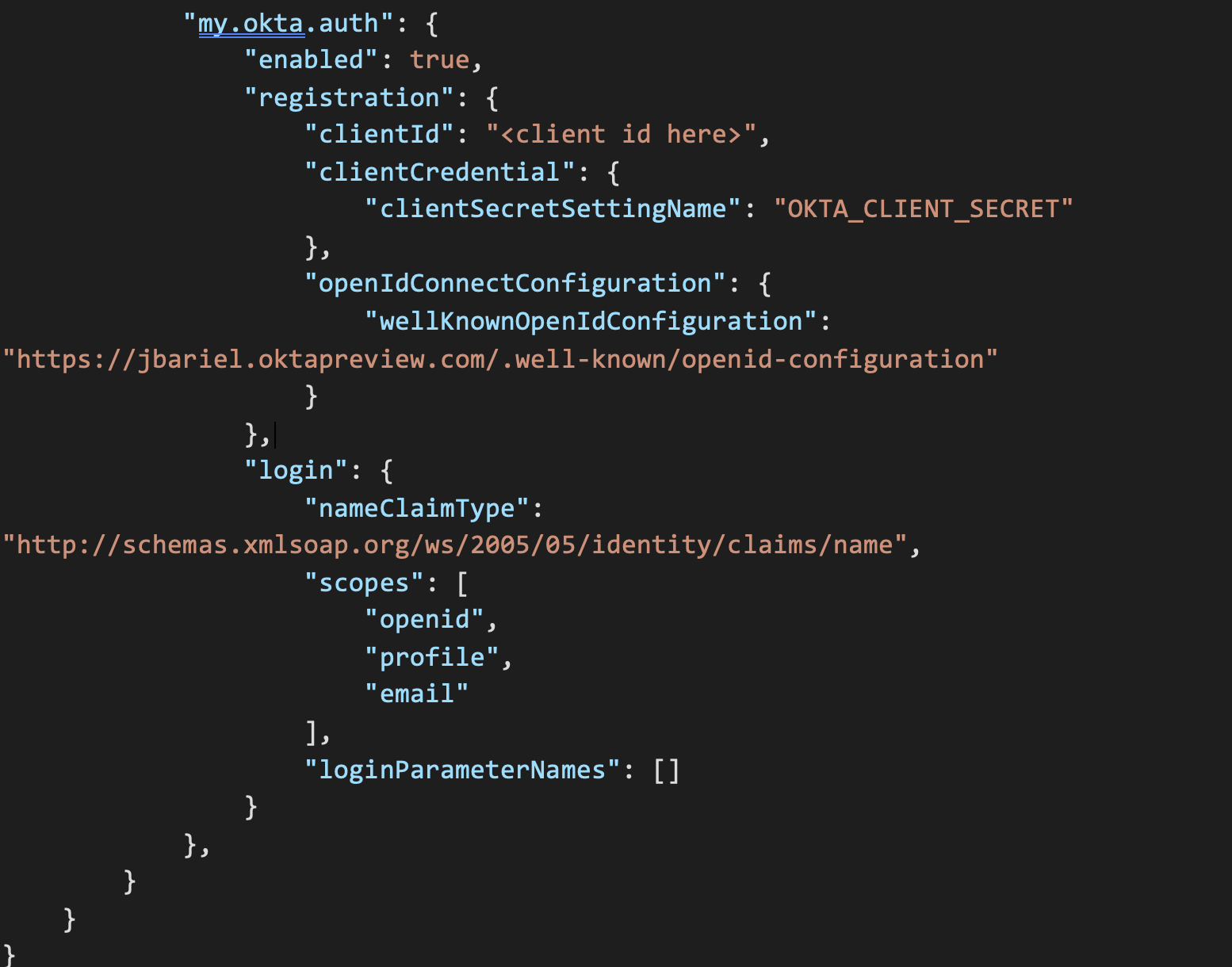 authsettings.json code registering my.okta.auth with its client ID, OKTA_CLIENT_SECRET setting, Okta OpenID configuration URL, and scopes