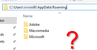 Windows Explorer showing AppData\Roaming with only Adobe, Macromedia, and Microsoft folders and no PuTTY folder