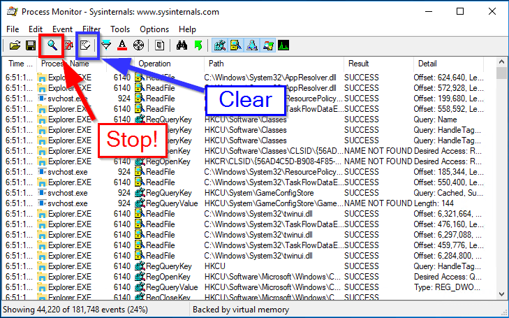 Process Monitor capture window with the Stop capture and Clear toolbar buttons highlighted