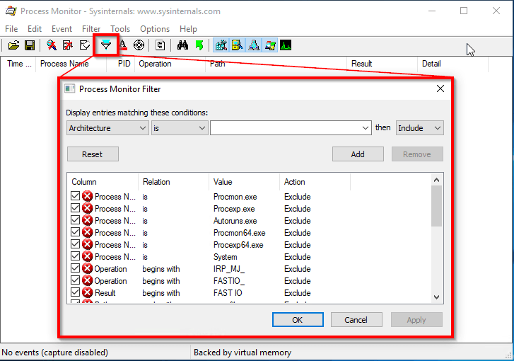 Process Monitor Filter dialog opened from the toolbar, listing the default exclude filters for Procmon, Procexp, Autoruns, and System