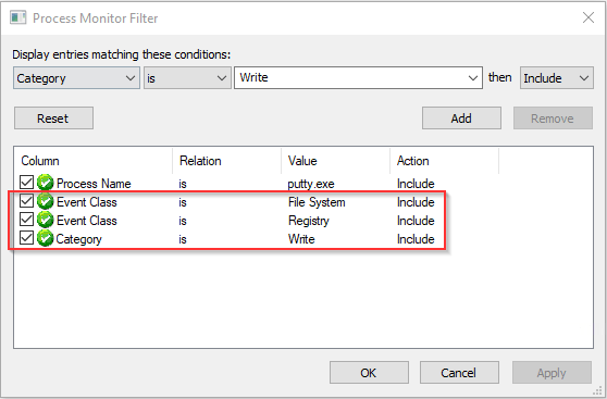 Process Monitor filters for putty.exe with Event Class File System, Event Class Registry, and Category Write set to Include