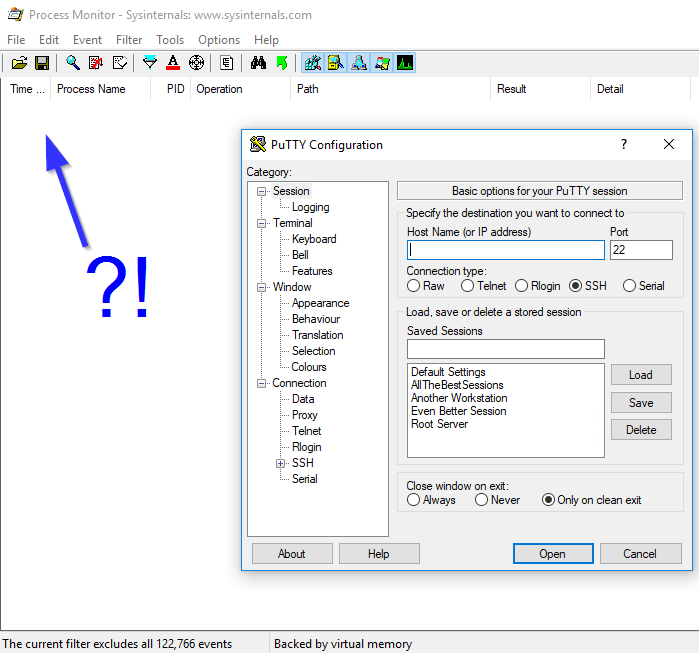 Empty Process Monitor capture with the filter excluding all events while PuTTY Configuration is open with saved sessions