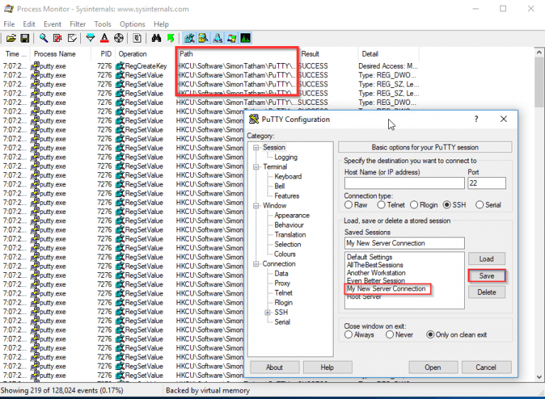 Process Monitor showing putty.exe RegSetValue writes to HKCU\Software\SimonTatham\PuTTY after saving a new PuTTY session