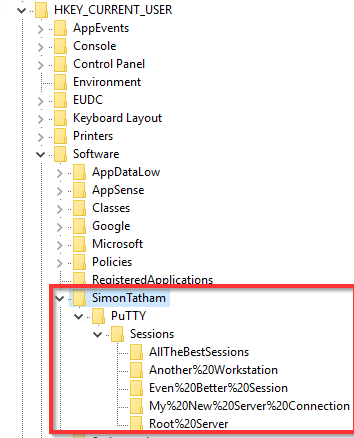 Registry Editor showing PuTTY saved sessions under HKEY_CURRENT_USER\Software\SimonTatham\PuTTY\Sessions