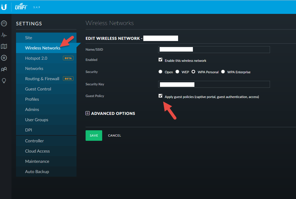 UniFi Edit Wireless Network settings with WPA Personal security and "Apply guest policies" checked