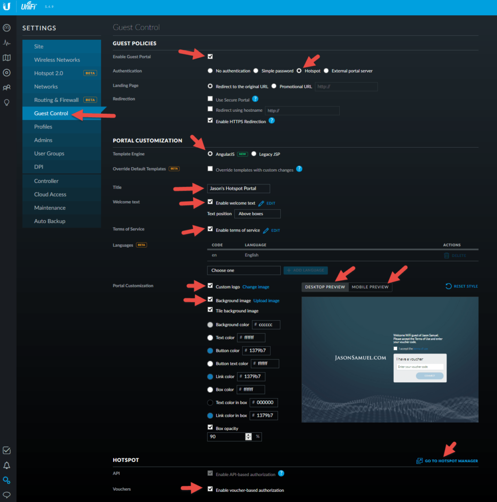 UniFi Guest Control settings with the guest portal enabled in Hotspot mode, AngularJS portal customization, and voucher-based authorization