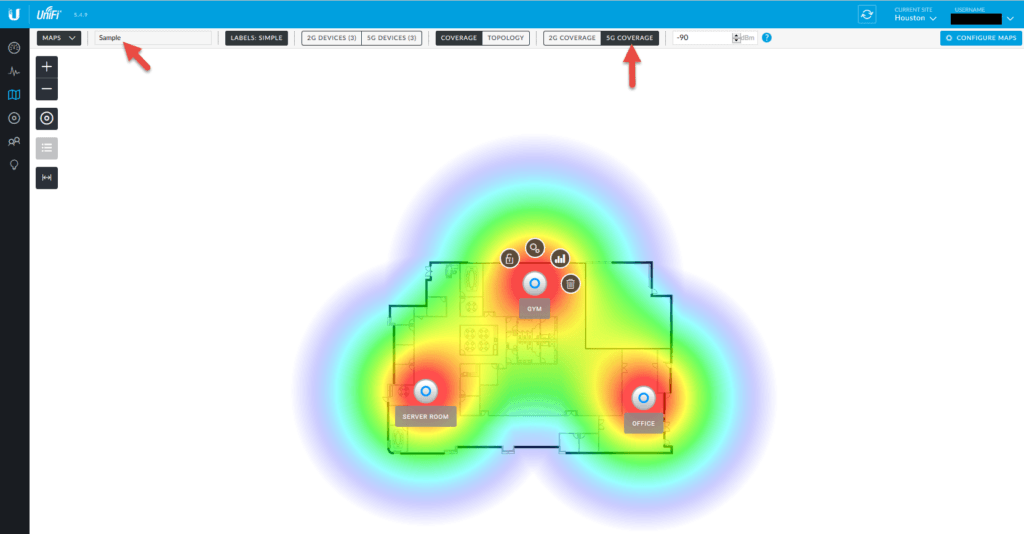 UniFi Map view with a 5 GHz coverage heat map over a floor plan with the Gym, Server Room, and Office access points