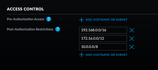 UniFi Access Control settings with post-authorization restrictions blocking 192.168.0.0/16, 172.16.0.0/12, and 10.0.0.0/8