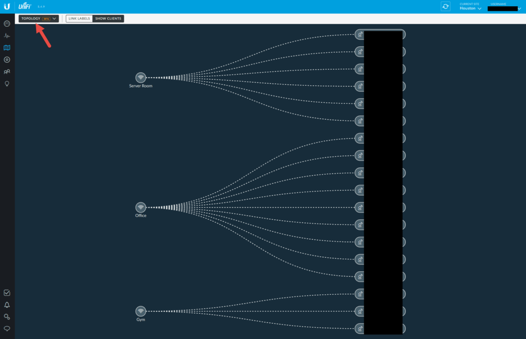 UniFi topology map showing wireless clients (names redacted) connected to the Server Room, Office, and Gym access points