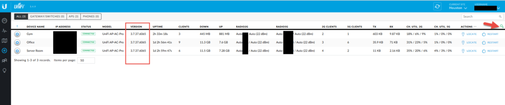 UniFi Devices view listing the Gym, Office, and Server Room UAP-AC-Pro access points, all on firmware 3.7.37.6065