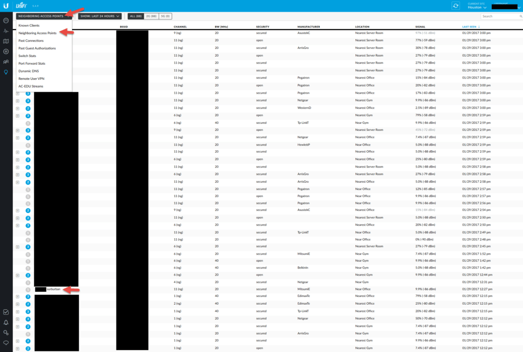 UniFi Insights view listing 88 neighboring access points with channel, security, manufacturer, nearest AP, and signal
