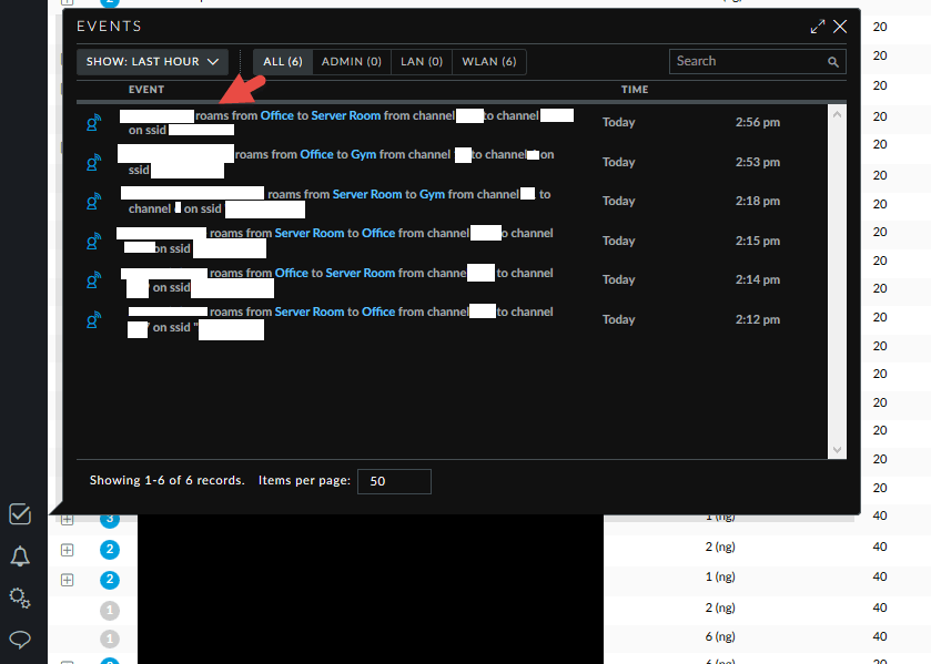 UniFi Events panel listing six clients roaming between the Office, Server Room, and Gym access points in the last hour