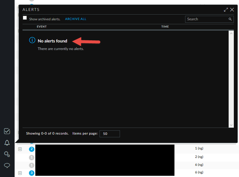 UniFi Alerts panel reading "No alerts found. There are currently no alerts."