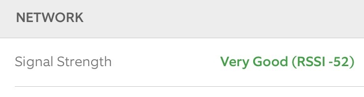 UniFi mobile app showing Signal Strength "Very Good (RSSI -52)" for the device on the bottom rung