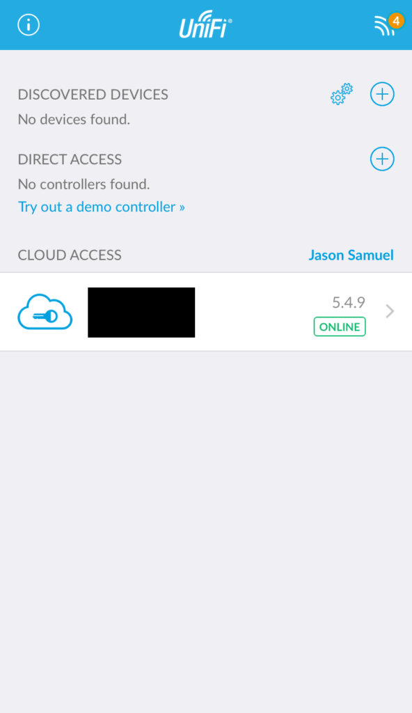 UniFi mobile app home screen showing a Cloud Access controller on version 5.4.9 marked Online