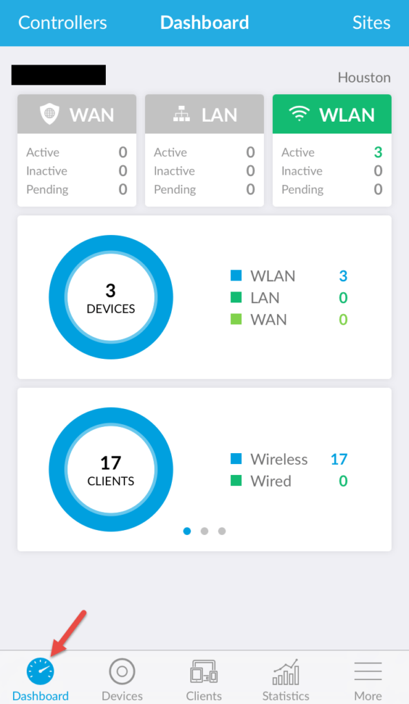 UniFi mobile app dashboard for the Houston site showing 3 active WLAN devices and 17 wireless clients