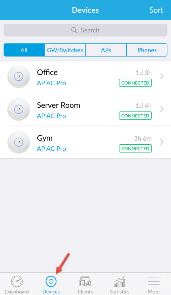 UniFi mobile app Devices tab listing the Office, Server Room, and Gym AP AC Pro access points as Connected