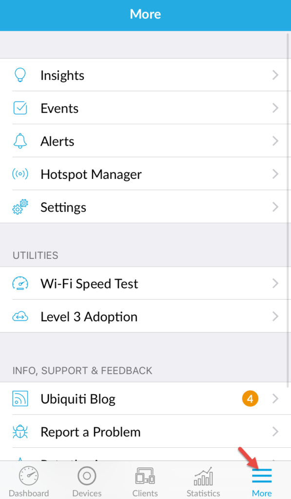 UniFi mobile app More tab listing Insights, Events, Alerts, Hotspot Manager, and Settings