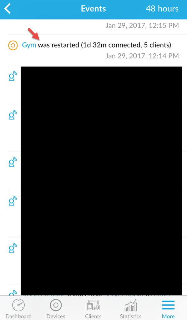 UniFi mobile app Events list showing "Gym was restarted (1d 32m connected, 5 clients)"