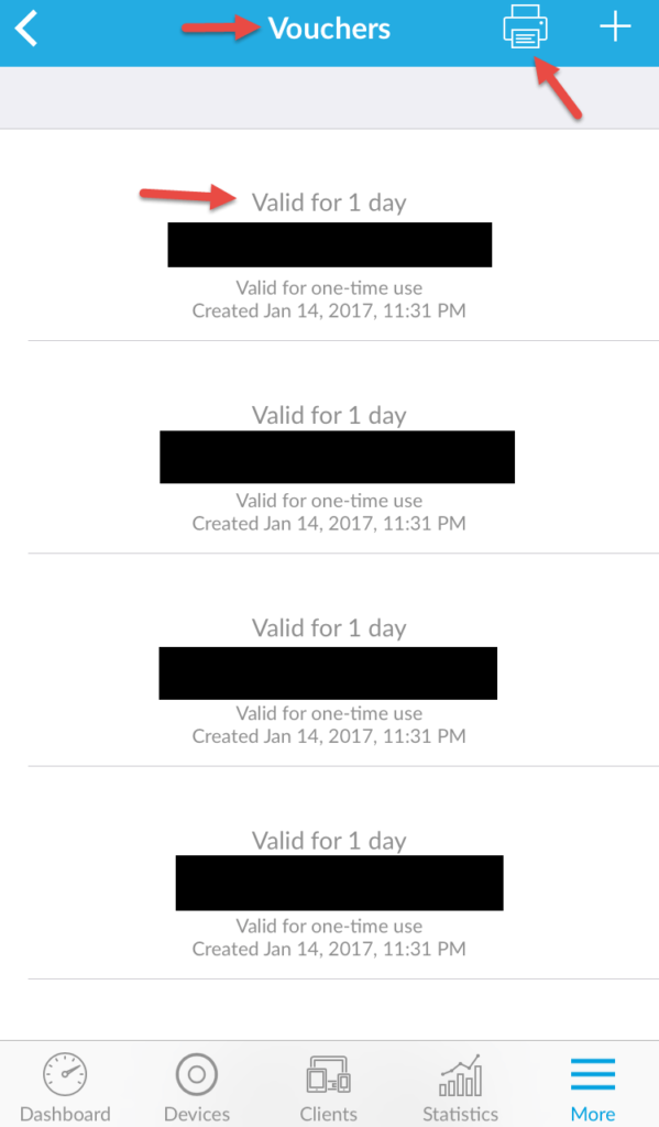 UniFi mobile app Hotspot Manager vouchers, each valid for 1 day and one-time use, with the print button highlighted