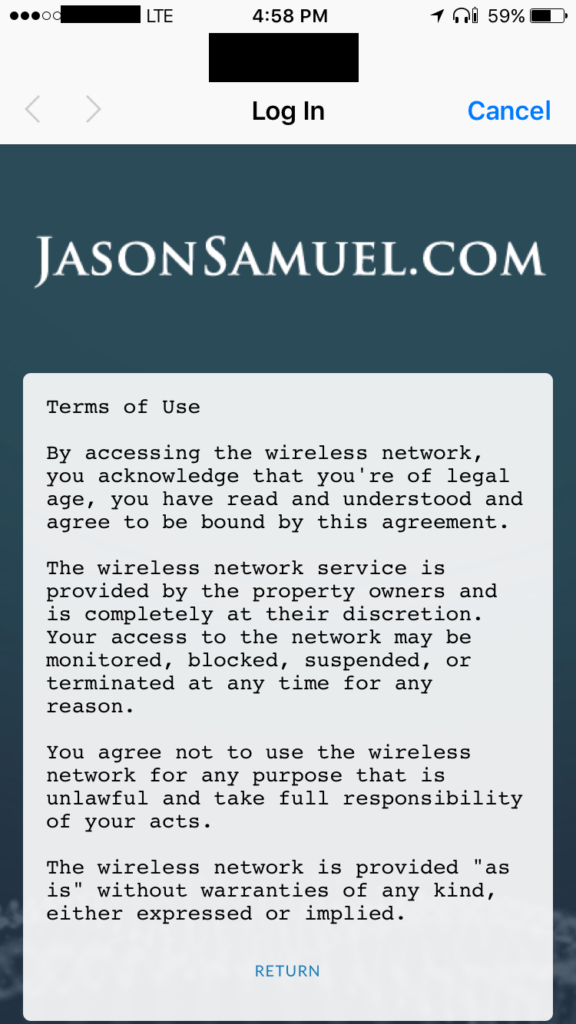 Captive portal Terms of Use on an iPhone stating that network access may be monitored, blocked, or terminated