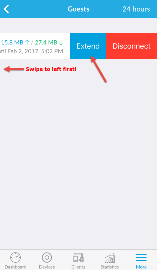 UniFi mobile app Guests list swiped left to reveal the Extend and Disconnect buttons