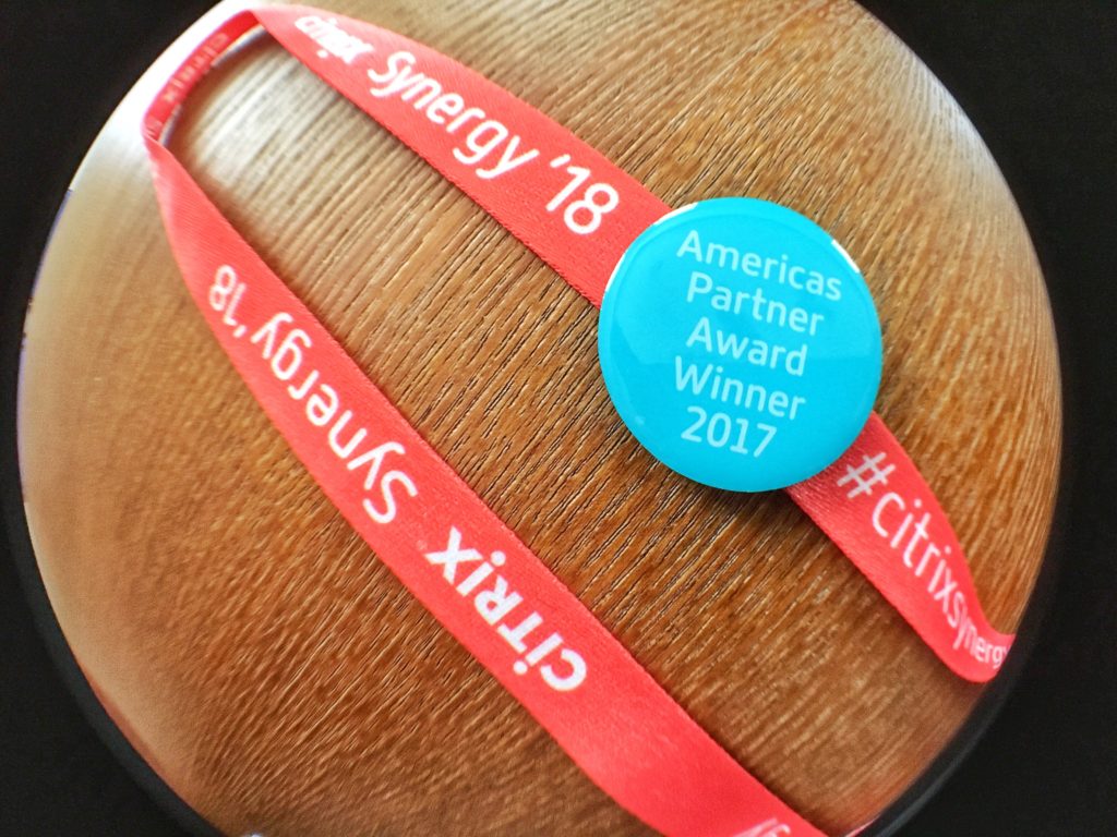 Citrix Synergy '18 lanyard with a pin reading "Americas Partner Award Winner 2017"