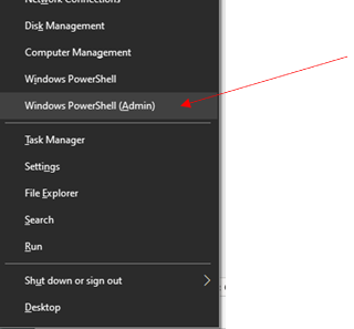 Windows Start button context menu with Windows PowerShell (Admin) highlighted