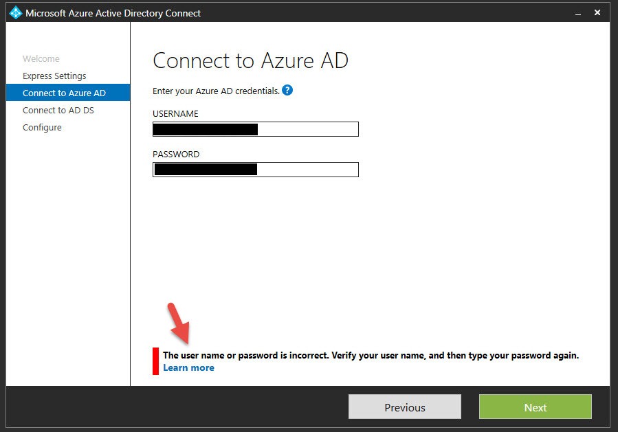 Azure AD Connect "Connect to Azure AD" step showing the error "The user name or password is incorrect"