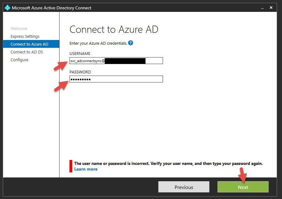 Azure AD Connect "Connect to Azure AD" step with the new svc_adconnectsync credentials entered and Next highlighted