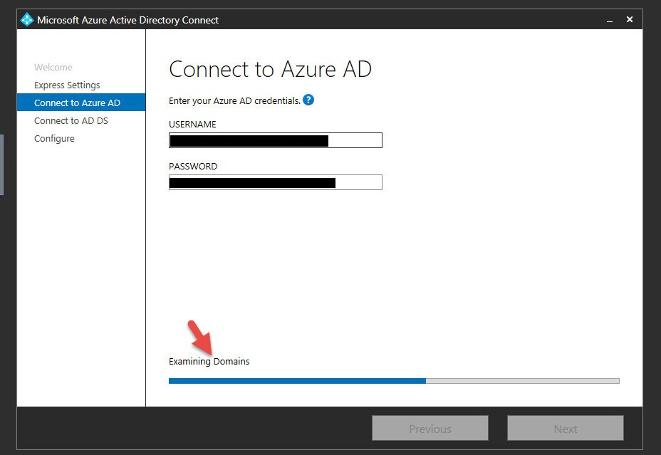 Azure AD Connect "Connect to Azure AD" step showing a progress bar at "Examining Domains"