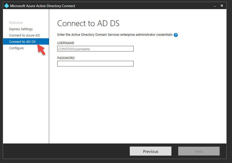 Azure AD Connect "Connect to AD DS" step prompting for Active Directory enterprise administrator credentials