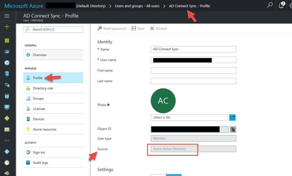 Azure AD profile for AD Connect Sync with Source shown as "Azure Active Directory"