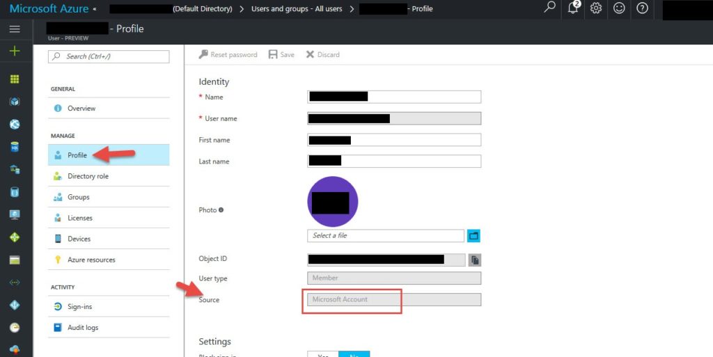 Azure portal user profile with Source shown as "Microsoft Account" highlighted