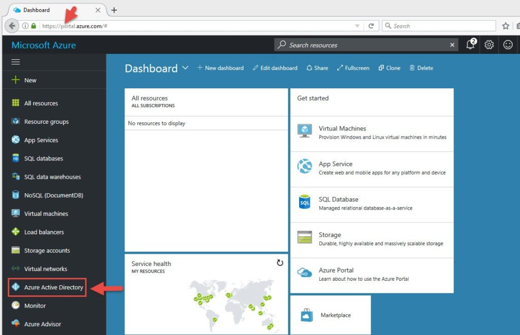 Azure portal dashboard at portal.azure.com with Azure Active Directory highlighted in the sidebar