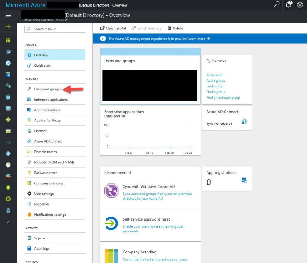 Azure Active Directory overview with "Users and groups" highlighted and Azure AD Connect sync not enabled