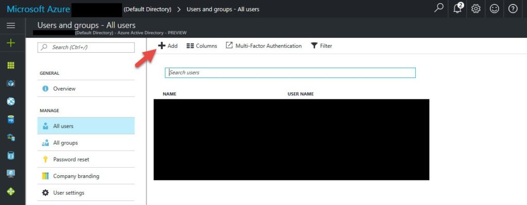 Azure AD "Users and groups - All users" page with the Add button highlighted