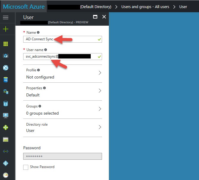 Azure AD new User form with the name "AD Connect Sync" and user name svc_adconnectsync@ (domain redacted)