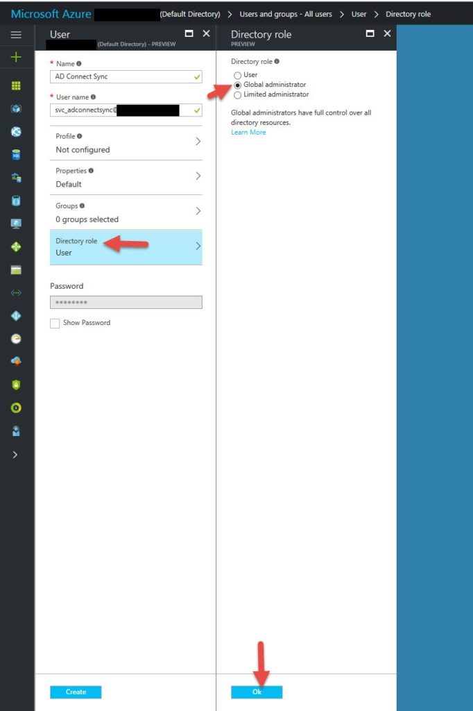 Azure AD new user Directory role pane with Global administrator selected and the Ok button highlighted