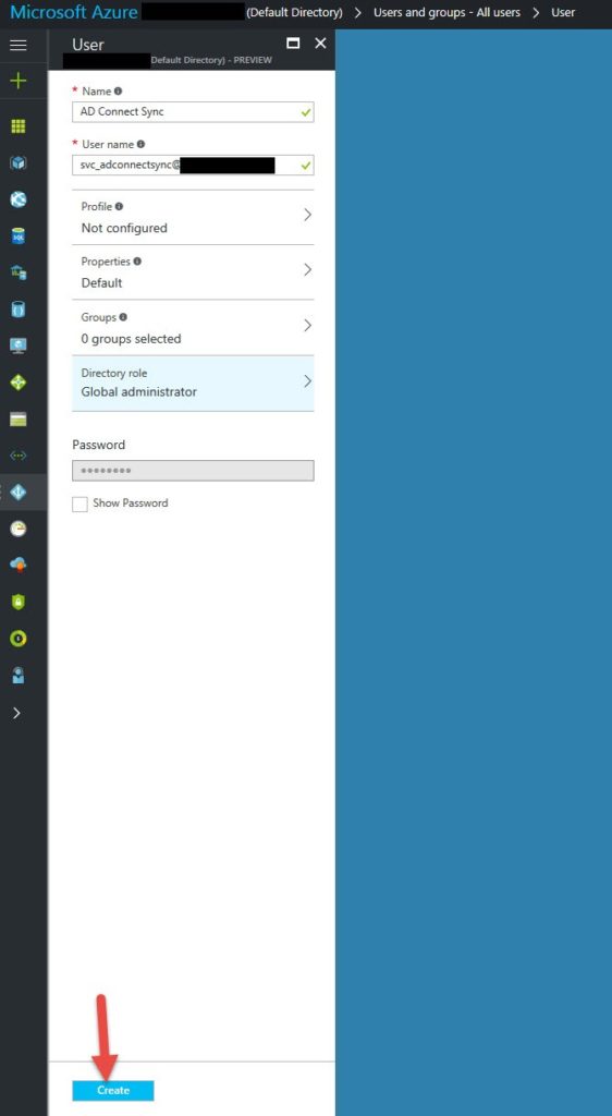 Azure AD new user "AD Connect Sync" with the Global administrator role set and the Create button highlighted