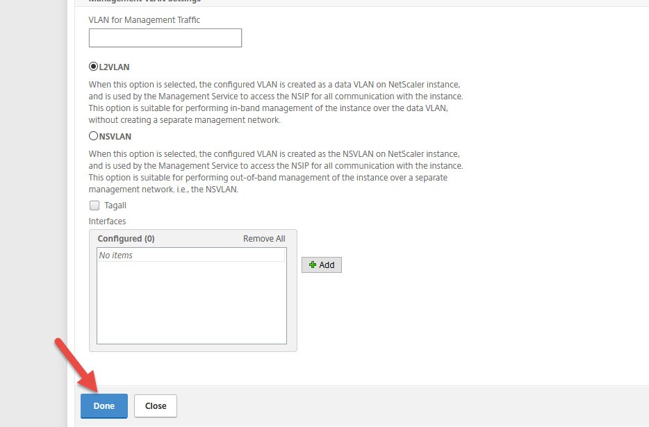 NetScaler SDX VPX instance Management VLAN settings with L2VLAN selected and the Done button highlighted