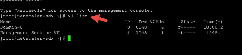 XenServer console output of "xl list" showing only Domain-0 and the Management Service VM